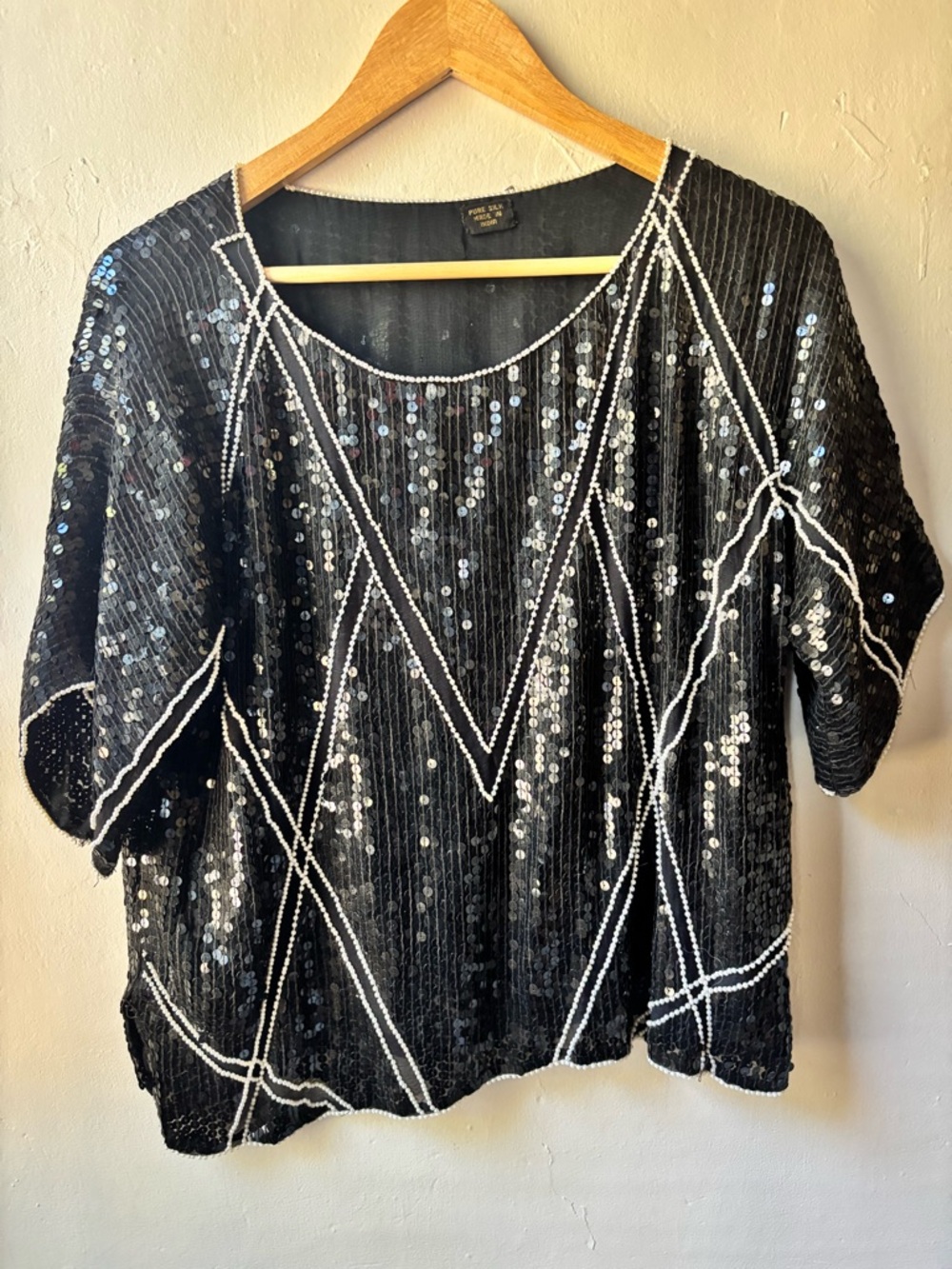 Vintage Black and Pearl White Sequin and Silk Beaded Top Made in India